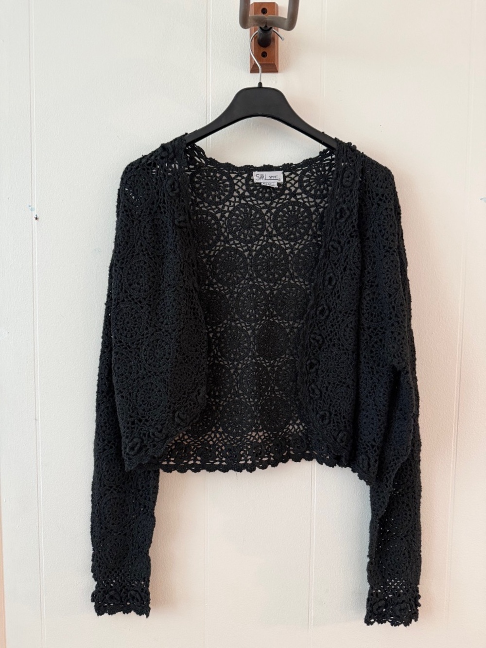 VTG SML Sport Medium Black Crocheted Cardigan Long-Sleeved Sheer